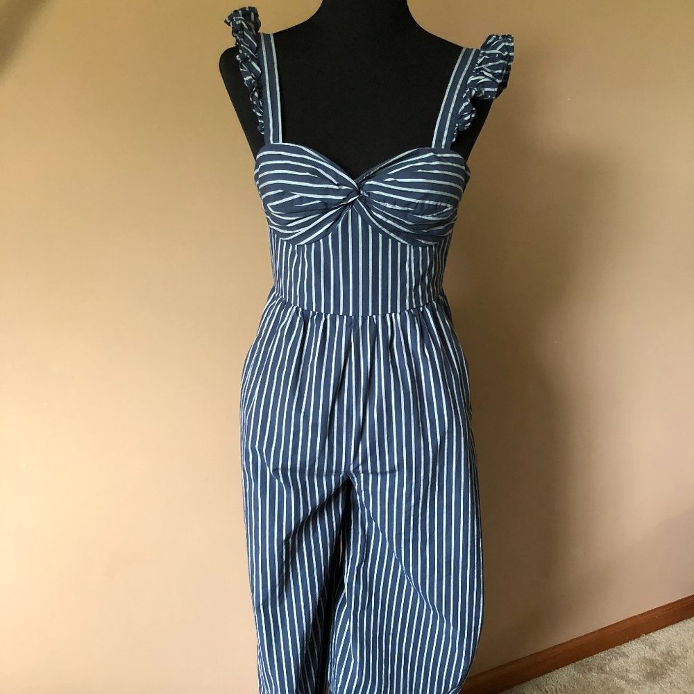 Chelsea28 Navy and Gray-Blue Pinstripe Jumpsuit